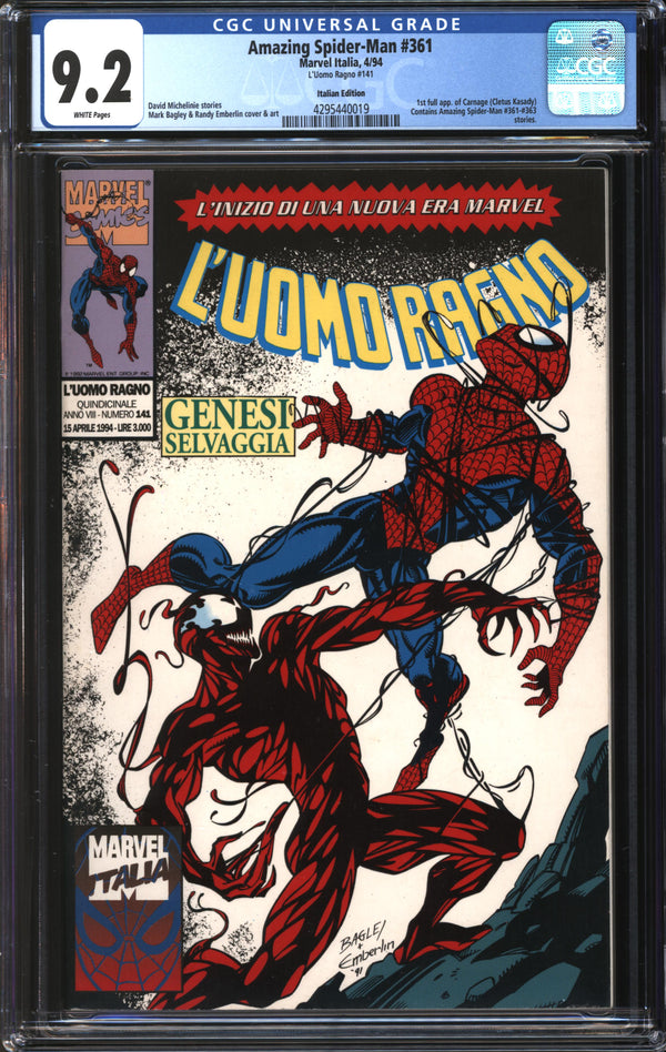 Amazing Spider-Man (1963) #361 Italian Edition (L'uomo Ragno #141) CGC 9.2 NM-