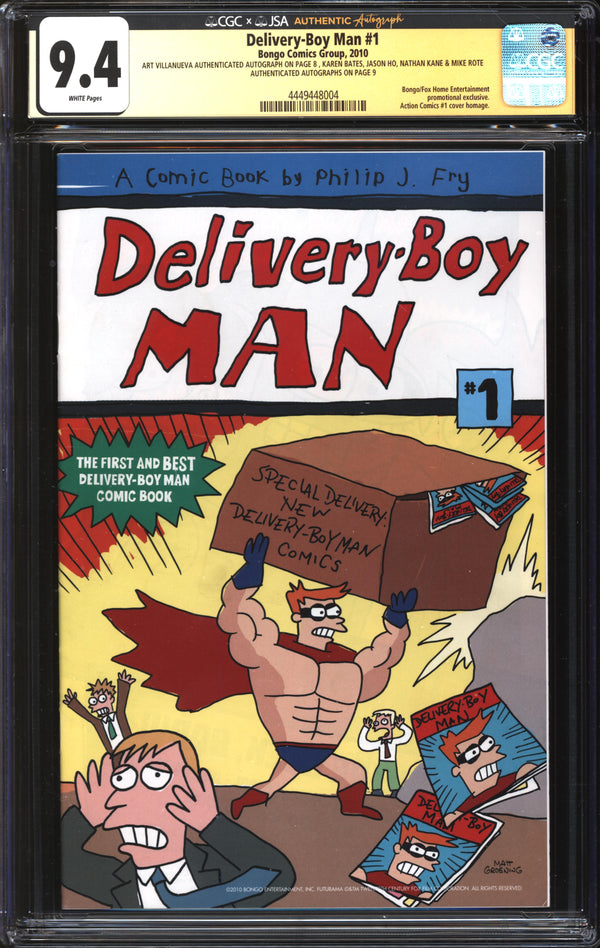 Delivery-Boy Man (2010) #1 CGC x JSA Signature Series 9.4 NM Signed Art Villanueva, Karen Bates, Jason Ho, Nathan Kane & Mike Rote