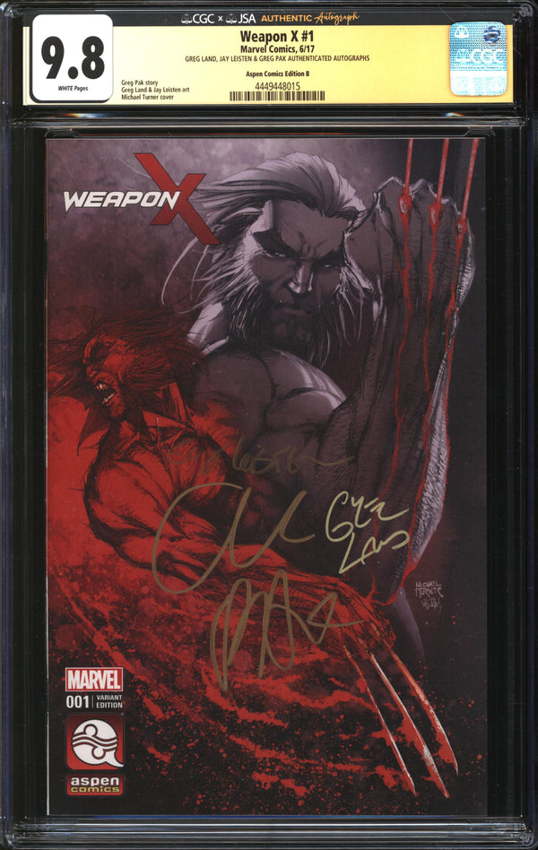 Weapon X (2017) #1 Aspen Comics Edition B CGC x JSA Signature Series 9.8 NM/MT Signed Greg Land, Jay Leisten & Greg Pak