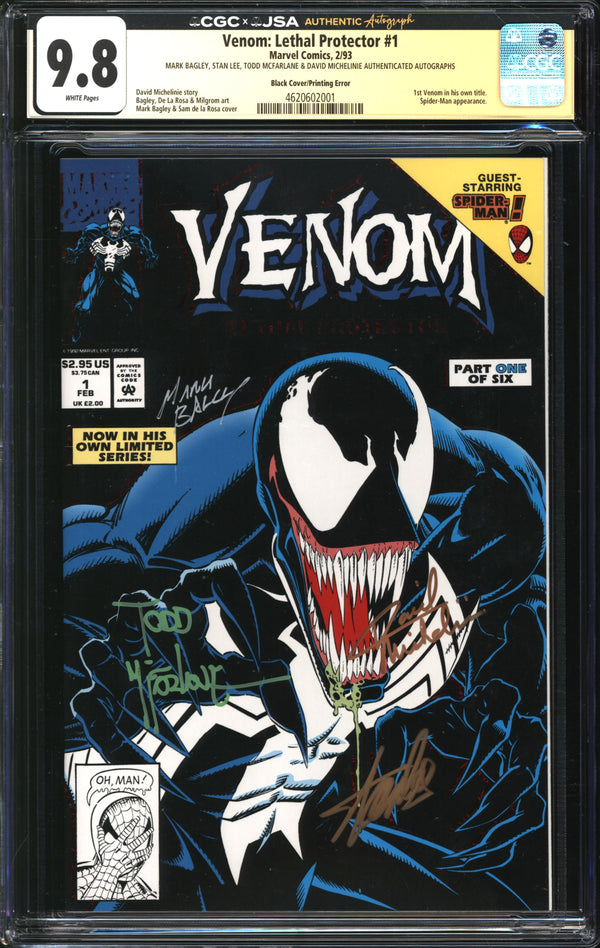 Venom: Lethal Protector (1992) #1 Black Cover/Printing Error CGC Signature Series 9.8 NM/MT Signed Stan Lee, Todd McFarlane, David Michelinie & Mark Bagley