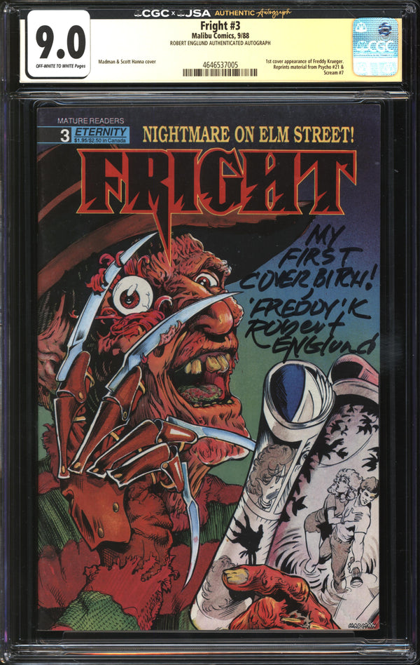 Fright (1988) #3 CGC x JSA Signature Series 9.0 VF/NM Signed Robert Englund